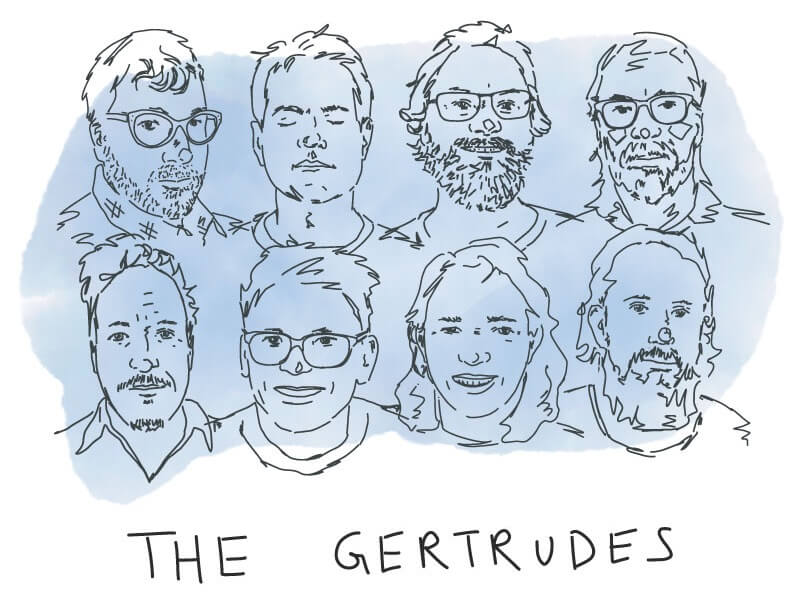 Illustration of faces of eight members of The Gertrudes